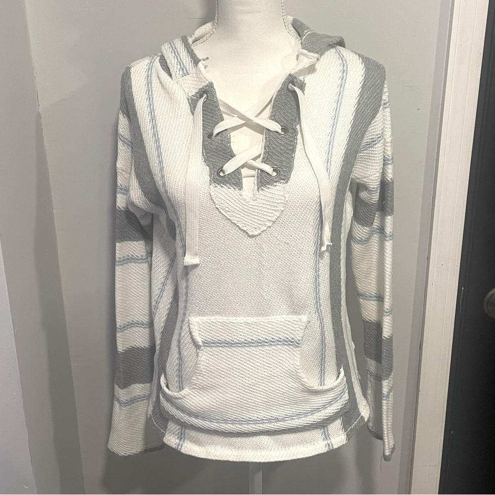 Vintage Havana Lace Up Woven Beachy Coastsl Pullover Sweater Hoodie